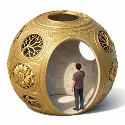 illustration of a person choosing between tunnels inside a highly intricate torus with detailed golden ornamentation and golden life