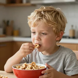 a young blonde boy eating cheerios, hyperrealistic, 4k, unreal engine