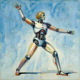 a brilliantly colored painting of an exploded diagram of a detailed engineering schematic of a robot in the pose vitruvian man in the style of jean giraud