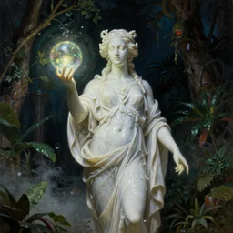 a neoclassicist portrait of an otherworldly marble statue centered in view holding glowing orbs in a botanical sci - fi courtyard at night. reflective textures. glowing fog. highly detailed fantasy science fiction painting by moebius, norman rockwell, frank frazetta, and syd mead. rich colors, high contrast, gloomy atmosphere, dark background. artstation