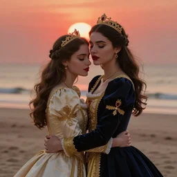 woman love woman, sweet hugs, royal dress, gold trim, atmoshperic, elegant, sharp focus, sand sea, red sun, huge lips, by 3 8 0 light & color female reference pictures, trending on artstation, intricate details