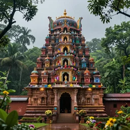 magnificent forts of indian temples surrounded by green jungles decorated in natural lights and colorful flowers with rain hyperrealistic, sense of depth, 4 k, photorealistic, incredible india, new - age mystical symbolism, intricately detailed, cgsociety