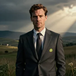 Patrick Bateman in a suit with a kiwi.com logo