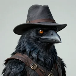 ( ( ( head and shoulders portrait of a kenku crow person wearing a porkpie hat ) ) ), d & d, fantasy