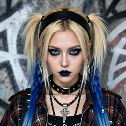 highly detailed closeup portrait of a sewer punk swedish female road warrior student, tartan garment, blonde hair pigtails with headband by atey ghailan, by greg rutkowski, by greg tocchini, by james gilleard, by joe fenton, by kaethe butcher, gradient sapphire, black, brown and white color scheme, grunge aesthetic!!! white graffiti tag wall background