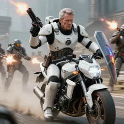 photograph of a stern faced old man who is a veteran of many futuristic wars with short gray hair and blue eyes. he is wearing a white futuristic suit of heavy combat armor and holding a blaster in one hand and a plaster plazma - proof shield in the other. riding a white armored motorcycle charging into enemy lines while firing plasma bolts. scifi