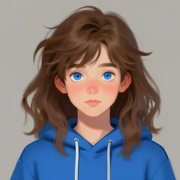 concept art portrait of a boy with long fluffy brown hair, blue eyes, blue hoodie, blush. painterly digital art, artstation, deviant, anime, WLOP, rossdraws