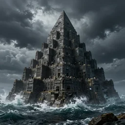 brutalist pyramid fortress in the ocean, storm, highly realistic, octane render, ominous vibe, highly detailed, dark