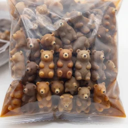 macro shot photograph of dozens of extremely tiny realistic looking bears inside of a plastic tiny bears product food bag package, 4 k, highly detailed
