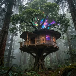 beautiful treehouse in the forest, low angle view, trending on artstation unreal engine caspar david friedrich ; holographic, astral, cosmic, illustration, mixed media, by pablo amaringo, ethereal, fantasy, hyperdetailed, misty, thomas kinkade, cyberpunk, photo - realistic, landscape photography, 8 k
