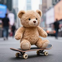skateboard teddy bear skateboarding in time square, bokeh, hyper realistic, street photography