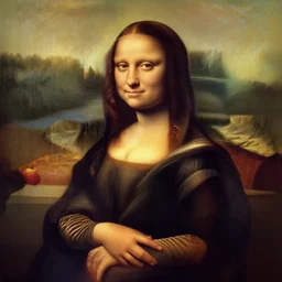 portrait of a long - haired woman with a small apple sitting upon a table with heightened detail, poised, intense emotion, detailed facial expression, detailed surroundings, intricate, elegant, highly detailed, centered, digital painting, artstation, concept art, smooth, sharp focus, illustration, by ( leonardo da vinci ), wlop