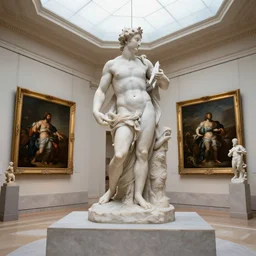 museum of art, art gallery, fine art, realism, extreme detail, marble, stone, baroque paintings, sculptures, skylight