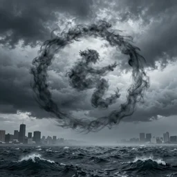 smoke and cloud swirls in vague taichi symbol shame over stormy turbulent sea far from megacity and cosmic monster giant