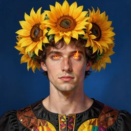 The beautiful Tucker Carlson and his eyes burning with fire, he wears an helianthus crown and a black, brown and yellow dress, colourful artwork, indigo background, surreal, dramatic lighting, face, detailed, intricate, elegant, highly detailed, digital painting, artstation, concept art, smooth, sharp focus, illustration, art by Sam Spratt, Dan Mumford, Artem Demura and Alphonse Mucha
