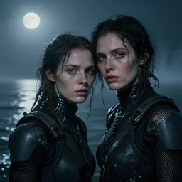 cinestill 5 0 d candid photographic portrait by helen levitt of two loving female androids wearing rugged black mesh techwear in treacherous waters at midnight moon reflecting off water, extreme closeup, modern cyberpunk moody emotional cinematic, dust storm, 8 k, hd, high resolution, 3 5 mm, f / 3 2, ultra realistic faces, ex machina