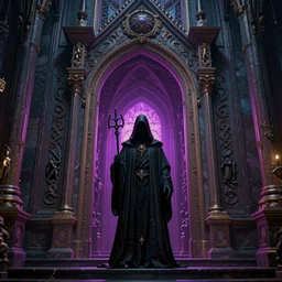 center view of an extremely detailed render of hooded necromancer in front of a lovecraft church portal, intricate architecture, baroque detailed, unreal engine realistic render, 8 k, micro detail, design by android jones and greg rutkowski, gaston bussiere, craig mullins, synthwave color scheme, cinematic lighting, trending on artstation, vivid colors