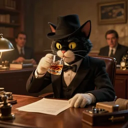 detective cat who looks like cary grant is drinking whyskey at his office, 3 d scene, zenith view, warm color palette, night time, dramatic lighting, noir film, fine details, high contrast, blacksad, juan diaz canales, juanjo guarnido, greg rutkowski, trending on artstation, 8 k, ultra wide angle