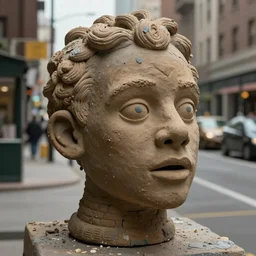the clay head from Lionel Ritchies ‘hello’ terrorising a city, ultra realistic, detailed, high quality, intricate, 8k, cinematic lighting,