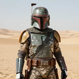 Boba Fett in desert camo mandalorian armor and tacticool gear