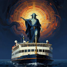 Charon the ferryman of Hades by Rolf Armstrong, dramatic lighting, high contrast colors, empyrean, art deco, panoramic view, as trending on Artstation, highly detailed,