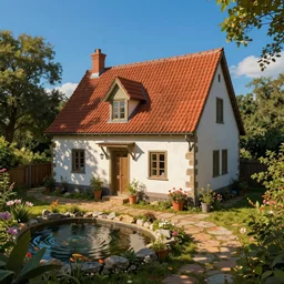 a small georgian cottage with a courtyard and small fishpond, cinematic view, blue sky, detailed, concept art, high angle, high detail, warm lighting, volumetric, godrays, vivid, trending on artstation, by jordan grimmer, art greg rutkowski