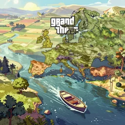 A Grand Theft Auto styled illustration, extremely detailed  featuring a river in Europe, surrounded by trees and fields. A dinghy is slowly moving through the water. Sun is shining.