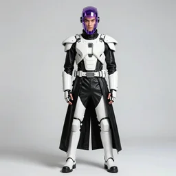 handsome man with white sci - fi tactical gear, black leather garment, purple transparent crystal cybernetic hood, full shot fashion photography, by irving penn and storm thorgerson, ren heng, peter elson