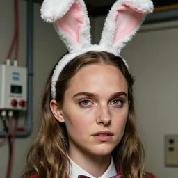 Natalie Portman, wearing rabbit ears headband, very detailed portrait, ultrarealistic, dramatic lighting, electrical details, high details, 4k, 8k, best, accurate, trending on artstation, fur, artstation, photorealism, ultrarealistic, digital painting, style of Dali, Caravaggio, Boris Vallejo