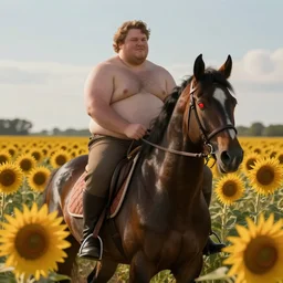 obese Ethan Van Sciver riding on a dark horse with glowing red eyes through a field of sunflowers, featured on artstation, cgsociety, behance hd