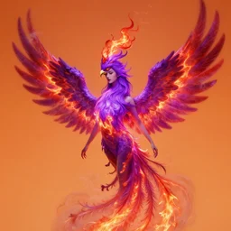 Beautiful portrait of a glowing purple & red phoenix goddess, with flames and smoke in her hair, surrounded by orange flames, Major arcana card tarot card, extremely high detail, intricate details, 8k octane rendered, litmus reflective dramatic lighting anime vibes