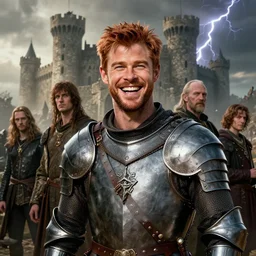 portrait of laughing ( ( copper haired chris hemsworth ) ) as destruction from sandman looking like kristofer hivju!, medival armour!!, by jeremy mann, by frank moth, jeff easley, alphonse mucha, dave mckean, in front of a destroyed castle, soft lightning, high detailed, 8 k