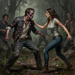 A highly detailed, photorealistic painting of a zombie v/s woman battle from The Walking Dead, in the style of Claudio Bravo and Robert Mapplethorpe, 8k, high octane render, unreal engine 5