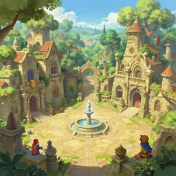 A wide open courtyard in a beautiful dwarven city made of intricate sandstone, anime, lush trees, fountain, statue, a fantasy digital painting by Greg Rutkowski and James Gurney, trending on Artstation, highly detailed