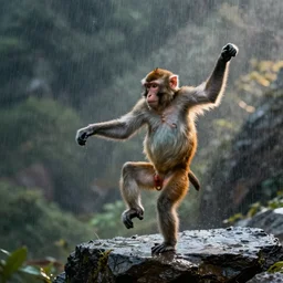 Monkey dancing in the rain