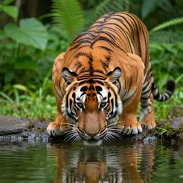a tiger drinking water from a reflective shiny pond in a green plant-filled-rainforest, 8k ultra hd, sharpened foreground, bokeh blur background, close-up, hyper detailed, nature photography, award-winning
