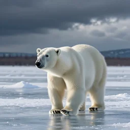 a polar bear walking on a frozen icy lake mead