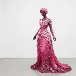 vivid sculpture of a woman with arms made out of roots and branches, wearing a magenta gown, covered in cherry blossom flowers. intricate. gradient colors. empty white space exposition. by ueda akishi, beth cavener, ellen jewett, rogers