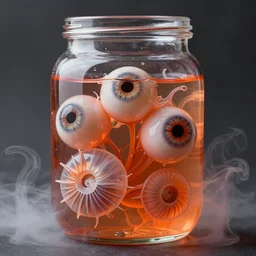 3 d eyeballs in a jar full of sem - transparent orange / red liquid midsommar style, victorian style, intricate, elegant!! surrounded by smoke and water energy flow. translucent nautilus, highly detailed. octane render, excellent composition, by wlop, tooth wu, greg rutkowski, beeple