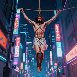 a painting of shibari jesus in tokyo night, neon lights, cyberpunk, wideangle c
