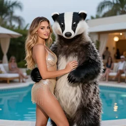 incredibly buff and handsome anthropomorphic badger posing with his beautiful girlfriend at a luxury high class pool party