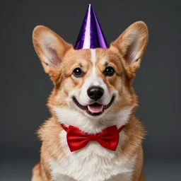 a photo of 8k ultra realistic corgi wearing a red bowtie and purple party hat , cinematic lighting, trending on artstation, 4k, hyperrealistic, focused, high details, unreal engine 5, cinematic