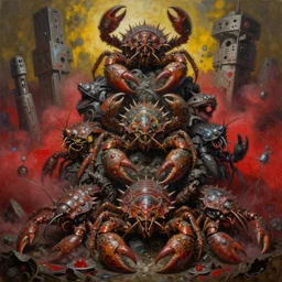 fine art oil painting varied muck jeweled, filthy, doubled, spiked, rugated armored crustaceans, stack tiered, clawing & terrified as massive brutalist structures, claustrophobic final battle failure, red mustard gas fog splatter, by alex nino, francesco blanc, geof darrow, h r giger, bisley, b wolverton, jack
