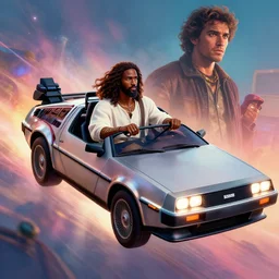 3 d vfx - drew struzan movie poster - art of an african jesus in a flying delorean, art style by james jean & hsiao - ron cheng, unreal engine render, digital illustration, sharp, intricate detail, volumetric lighting, ray tracing, soft light, colourful, ernie barnes style, flying delorean, pinterest, artstation, behance