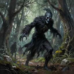 professionally painted art by yuji ikehata of an evil living scarecrow hunting lost travellers in the woods