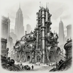Steampunk city architectural drawing graphite and silverpoint hyper-realistic