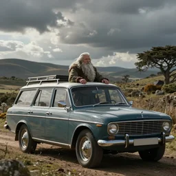 Gandalf driving the hobbits to mordor in a station wagon
