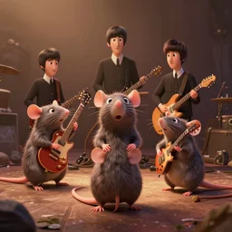 rats playing in a rock band inspired by the beatles, beautiful, dreamlike, wholesome, pixar and disney animation, sharp, rendered in unreal engine 5, art by greg rutkowski, bloom, dramatic lighting, brown pallete,