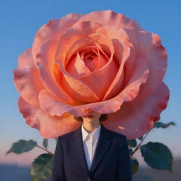 closeup, giant rose flower head, frontal, a girl with suit, surreal photography, sunrise, blue sky, dramatic light, impressionist painting, digital painting, artstation, simon stalenhag