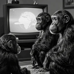 a black and white photo of two chimps watching planet of the apes on television, high quality, detailed, realistic, photo, render,